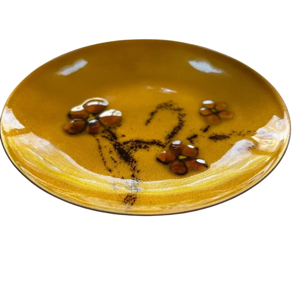 Vintage Mid Century plate enamel on copper dish mod artisan 6” gold flowers